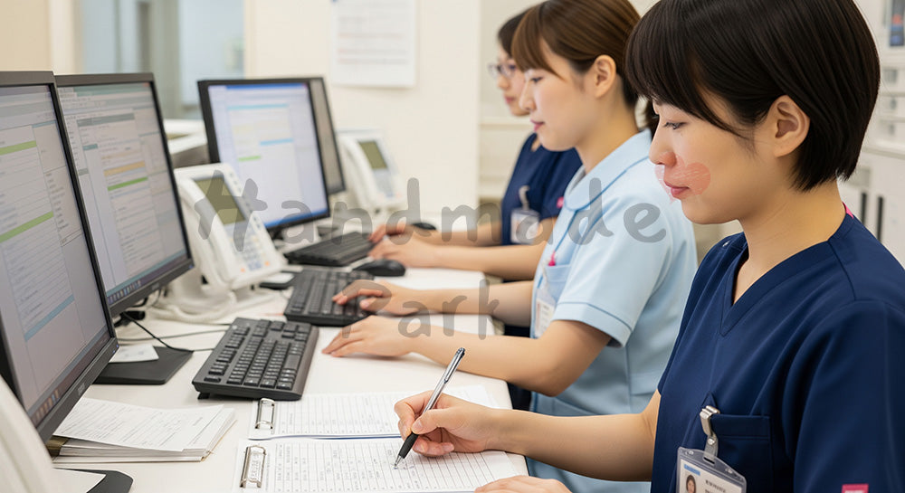 フリー素材 無料 写真｜看護師ステーションで申し送りをする日本人看護師たち