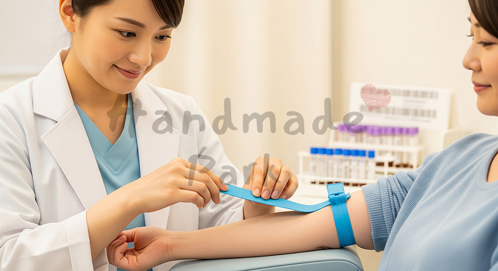 フリー素材 無料 写真｜採血準備をする日本人看護師と患者の腕 余白あり