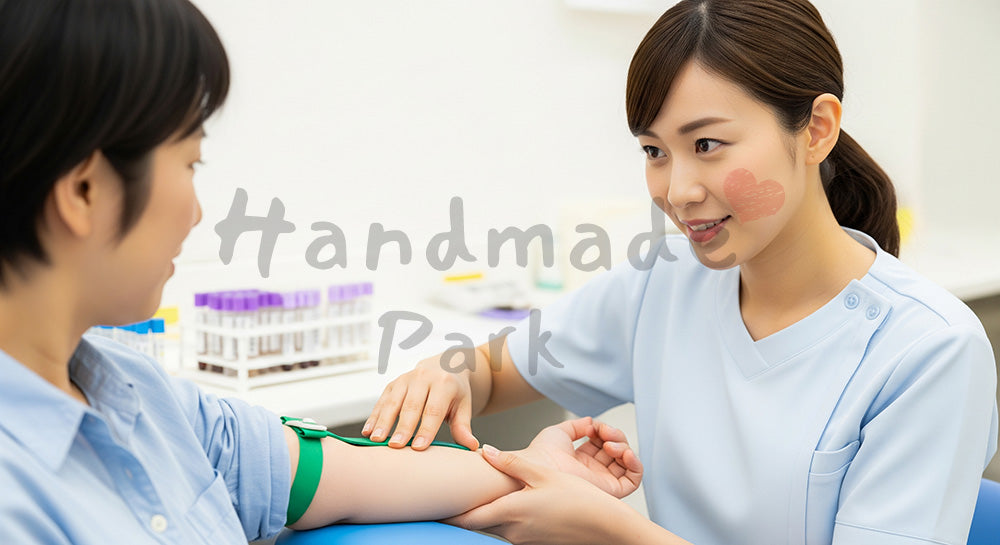 フリー素材 無料 写真｜採血準備をする日本人看護師と患者の腕 写真背景