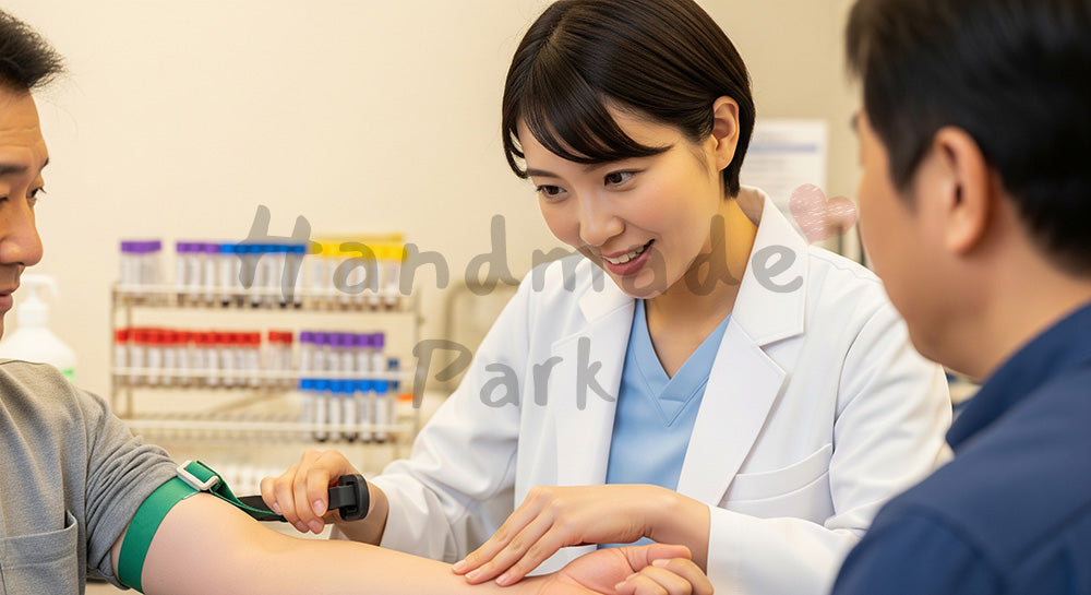 フリー素材 無料 写真｜採血準備をする日本人看護師と患者の腕 背景素材