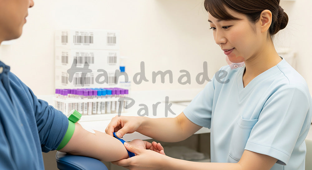 フリー素材 無料 写真｜採血準備をする日本人看護師と患者の腕