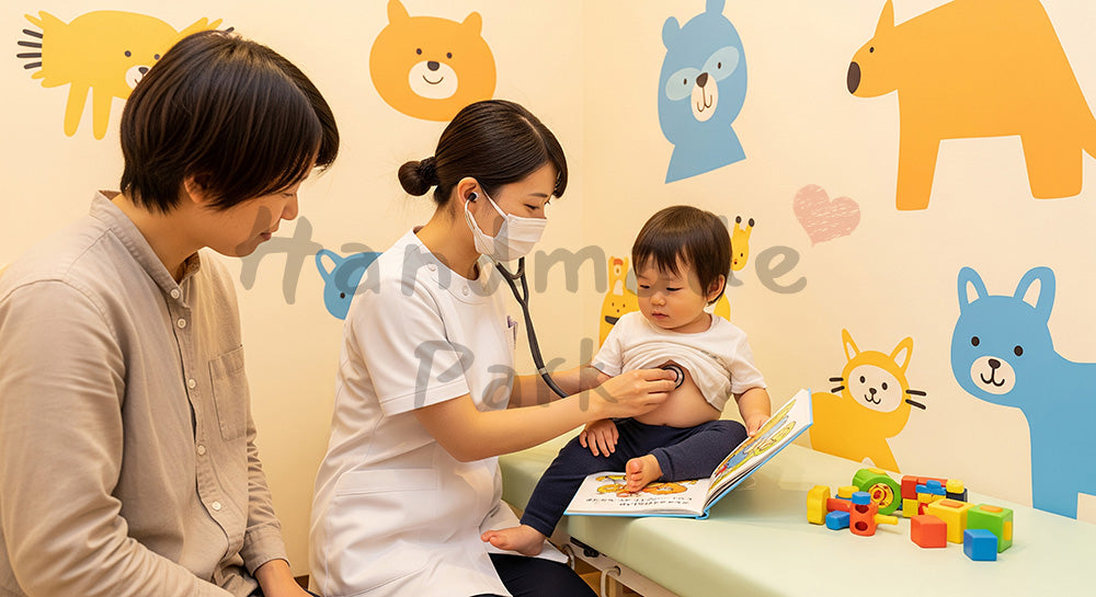 フリー素材 無料 写真｜小児科診察室で幼児の緊張を和らげながら診察する日本人小児科医 写真背景