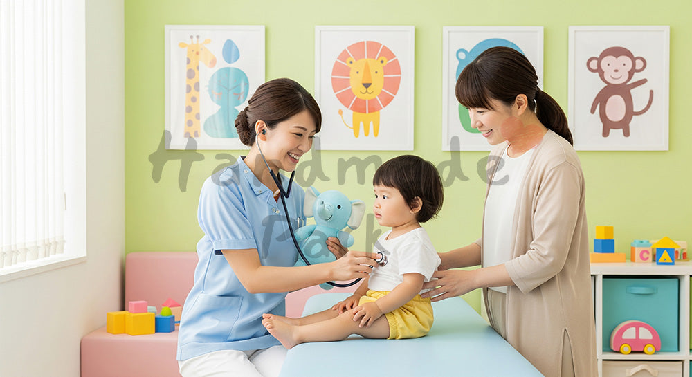 フリー素材 無料 写真｜小児科診察室で幼児の緊張を和らげながら診察する日本人小児科医 背景素材