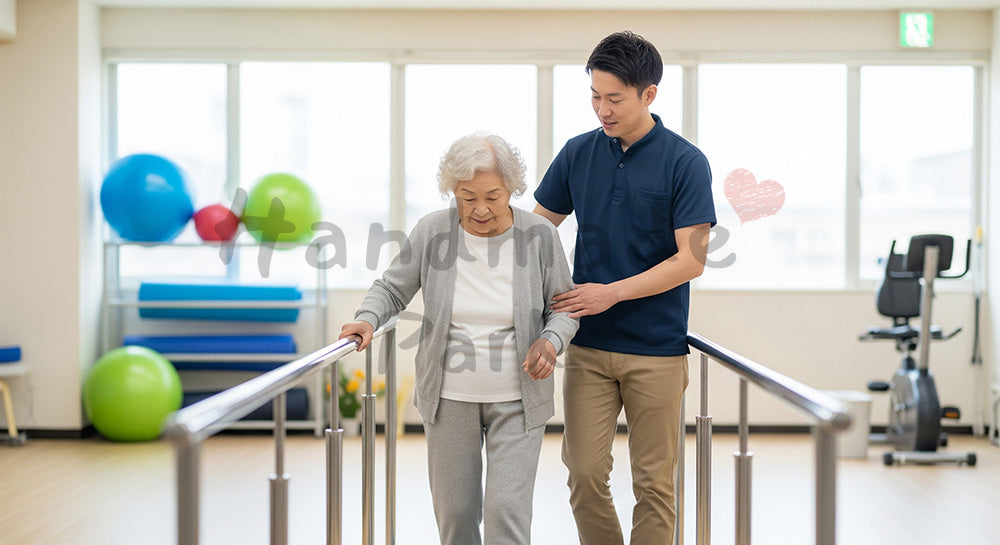 フリー素材 無料 写真｜リハビリ室で高齢患者の歩行訓練を支える日本人理学療法士 背景素材
