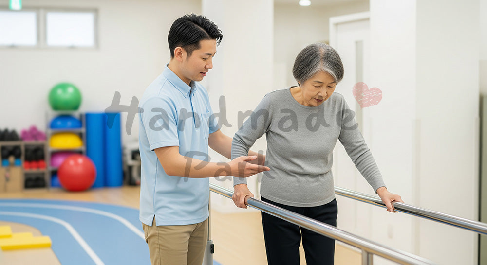 フリー素材 無料 写真｜リハビリ室で高齢患者の歩行訓練を支える日本人理学療法士