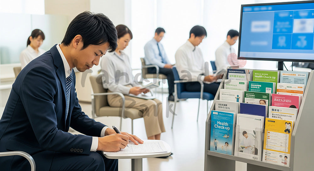フリー素材 無料 写真｜健診センターの待合で問診票を記入する日本人ビジネスパーソン 余白あり