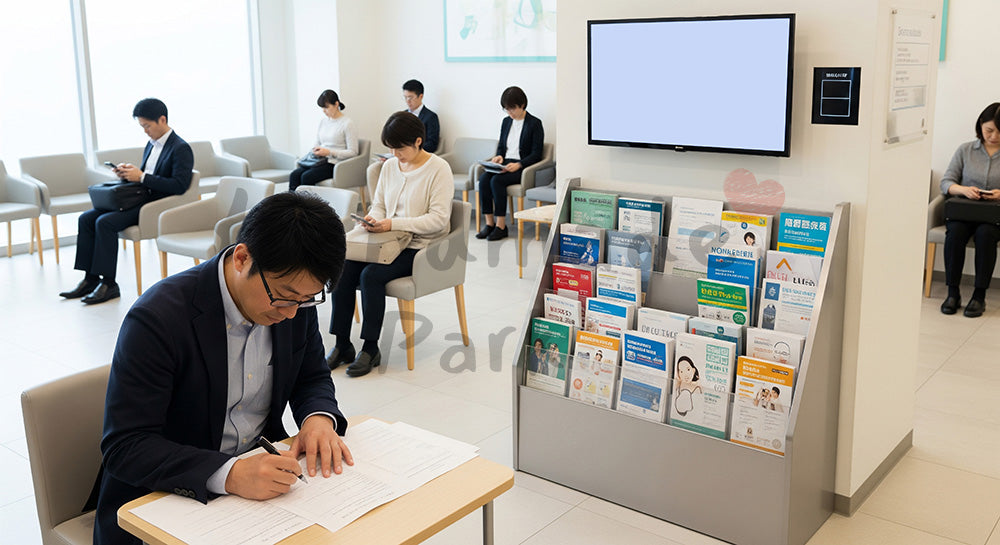フリー素材 無料 写真｜健診センターの待合で問診票を記入する日本人ビジネスパーソン 写真背景