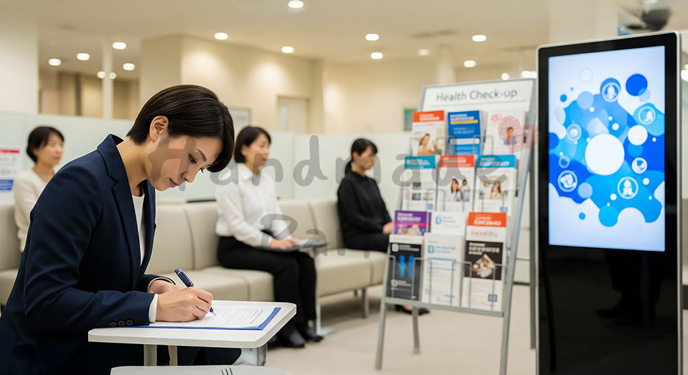 フリー素材 無料 写真｜健診センターの待合で問診票を記入する日本人ビジネスパーソン 背景素材