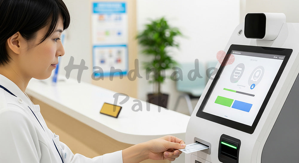 フリー素材 無料 写真｜自動再来受付機で診察券を操作する日本人患者