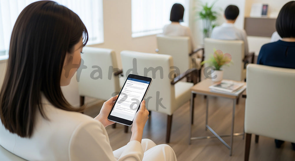 フリー素材 無料 写真｜婦人科外来の待合室でタブレットを確認する日本人女性 余白あり