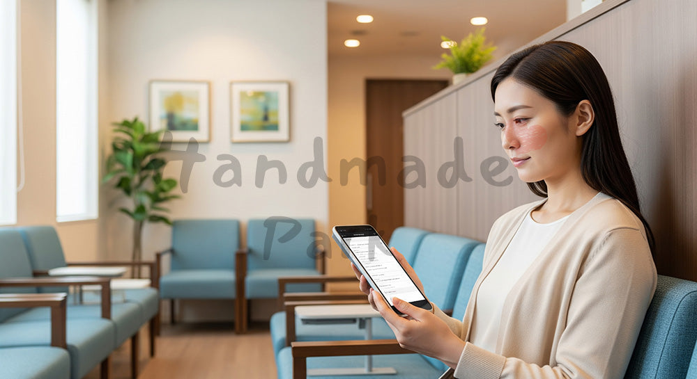 フリー素材 無料 写真｜婦人科外来の待合室でタブレットを確認する日本人女性 背景素材