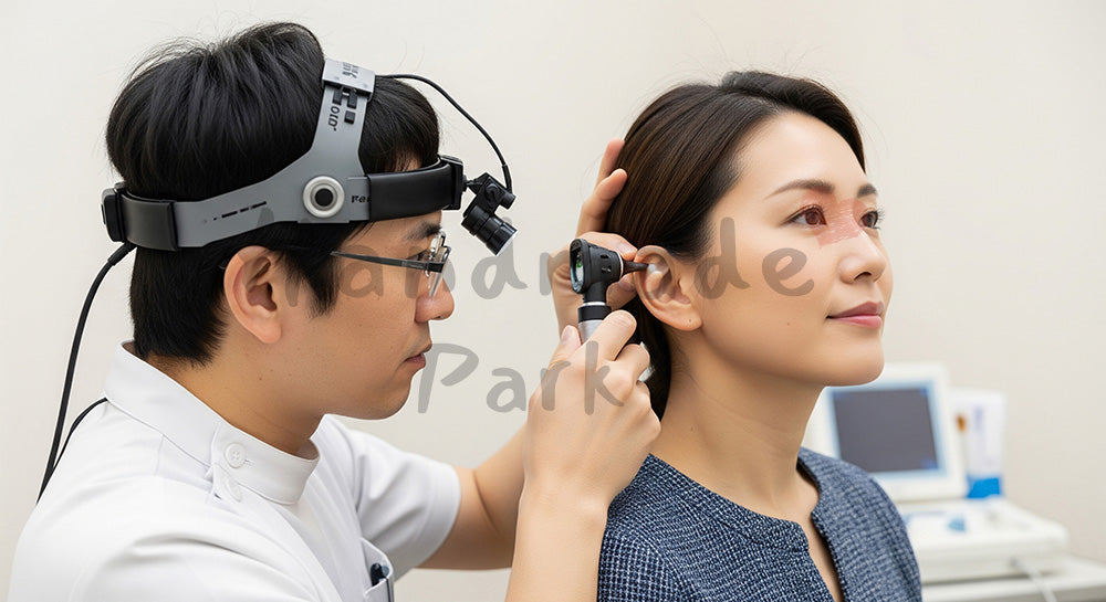 フリー素材 無料 写真｜耳鏡とヘッドライトで耳を診察する日本人耳鼻科医 写真背景