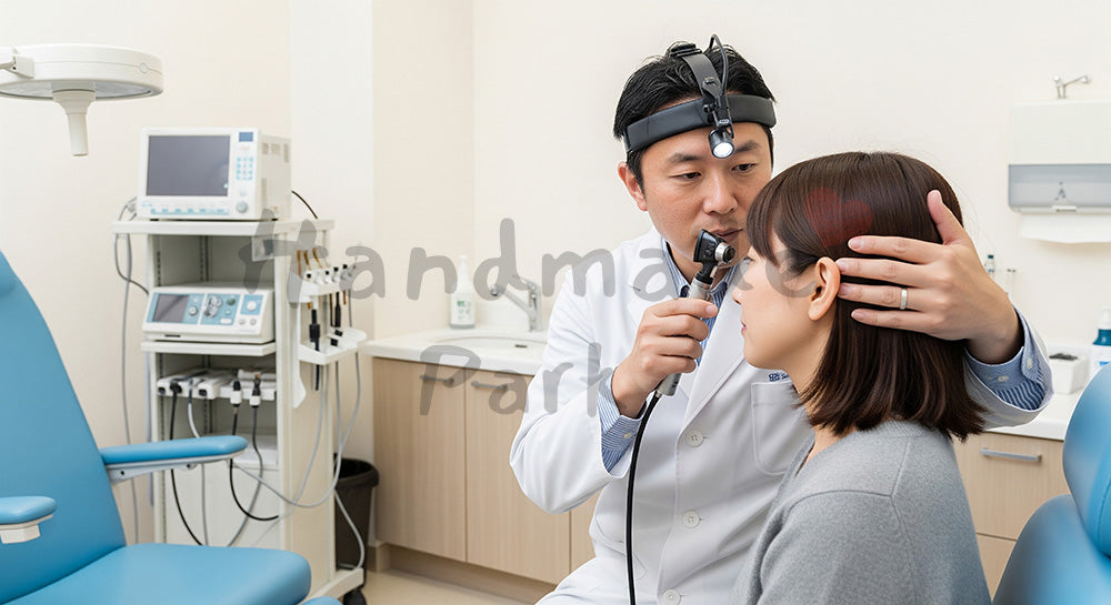 フリー素材 無料 写真｜耳鏡とヘッドライトで耳を診察する日本人耳鼻科医