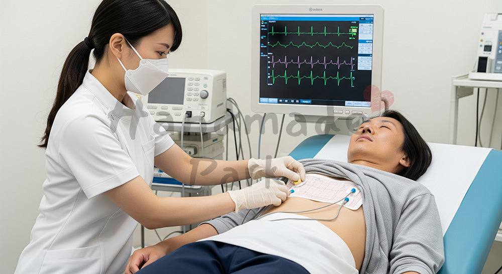 フリー素材 無料 写真｜心電図の電極パッドを貼る日本人検査技師と患者 余白あり