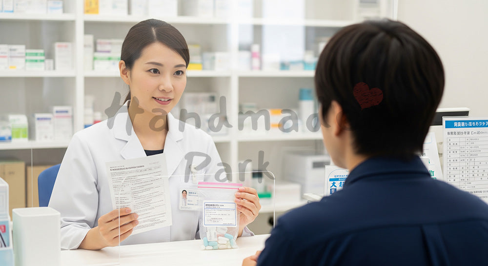 フリー素材 無料 写真｜クリニック併設薬局の調剤カウンターで日本人薬剤師が処方薬の入った袋とお薬説明書を示しながら患者に服薬方法や注意点を丁寧に説明しているシーン。安心して薬を受け取るイメージを表現。