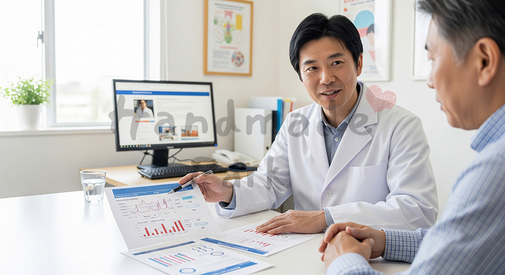 フリー素材 無料 写真｜健診結果のグラフを見せながら生活習慣を説明する日本人ドクター