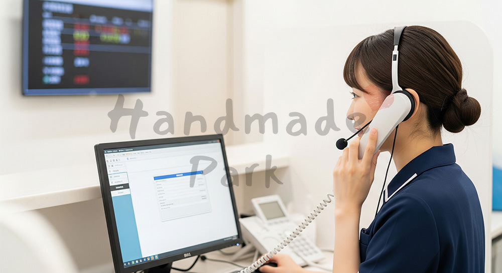 フリー素材 無料 写真｜ヘッドセットで電話応対をする日本人医療受付スタッフ 余白あり