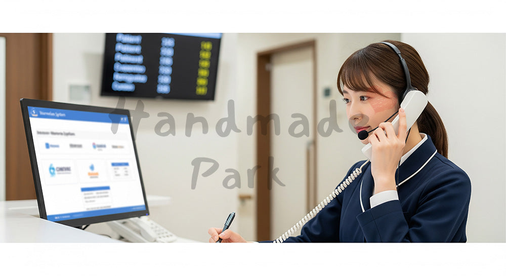 フリー素材 無料 写真｜ヘッドセットで電話応対をする日本人医療受付スタッフ 写真背景