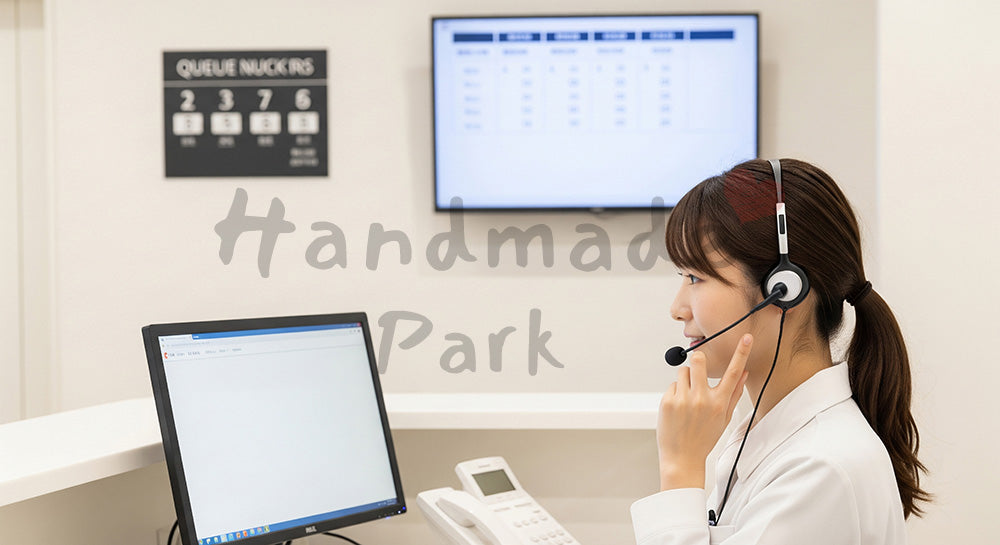 フリー素材 無料 写真｜ヘッドセットで電話応対をする日本人医療受付スタッフ