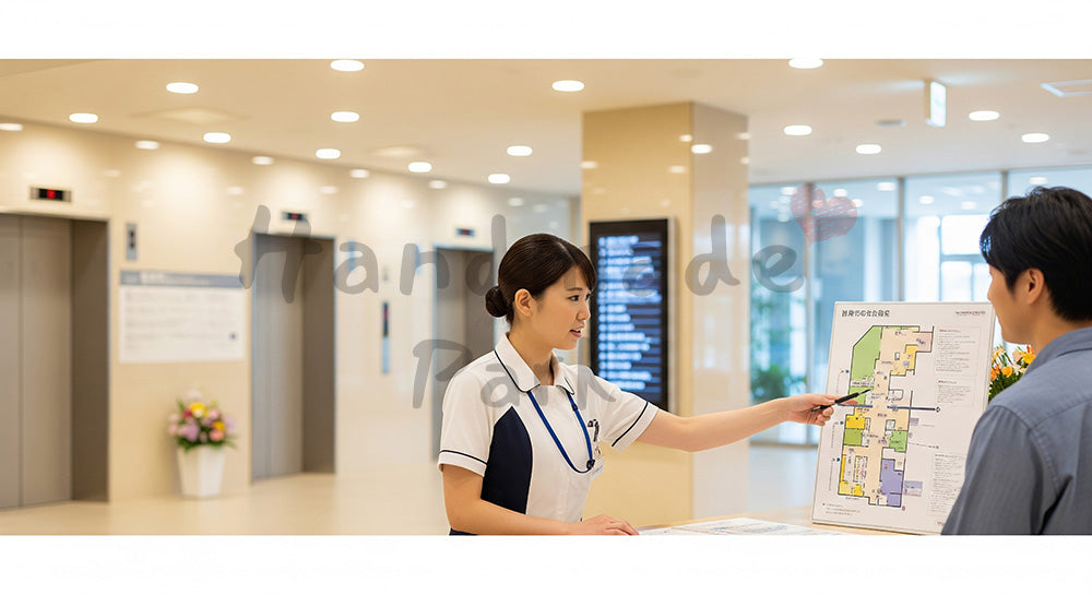 フリー素材 無料 写真｜インフォメーションカウンターでフロアマップを案内する日本人スタッフ 余白あり