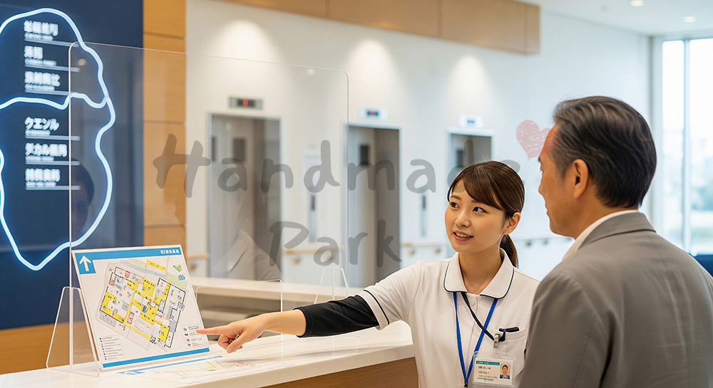 フリー素材 無料 写真｜インフォメーションカウンターでフロアマップを案内する日本人スタッフ 写真背景