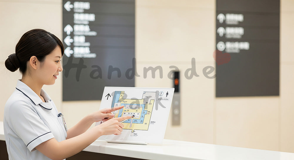 フリー素材 無料 写真｜インフォメーションカウンターでフロアマップを案内する日本人スタッフ 背景素材