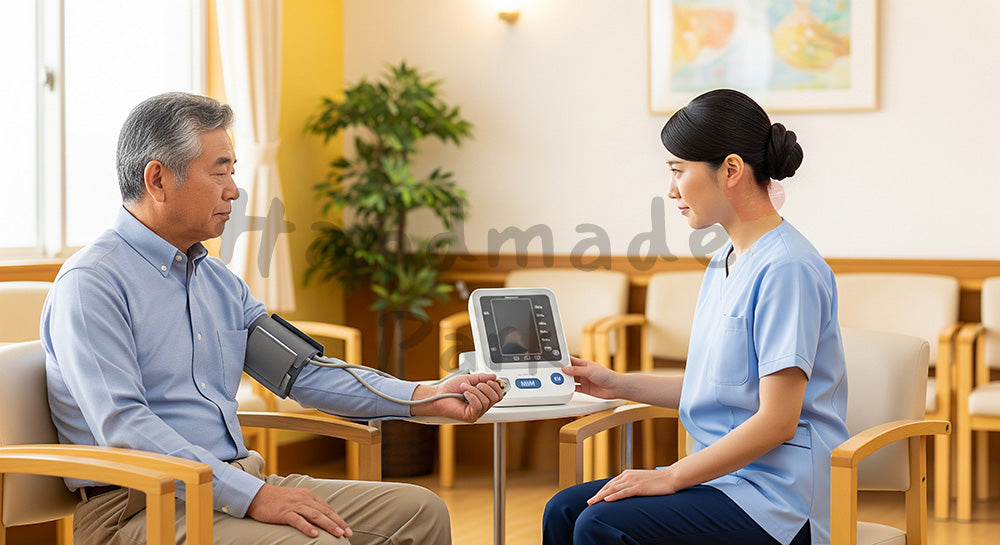 フリー素材 無料 写真｜待合室で高齢患者の血圧を測る日本人看護師 余白あり