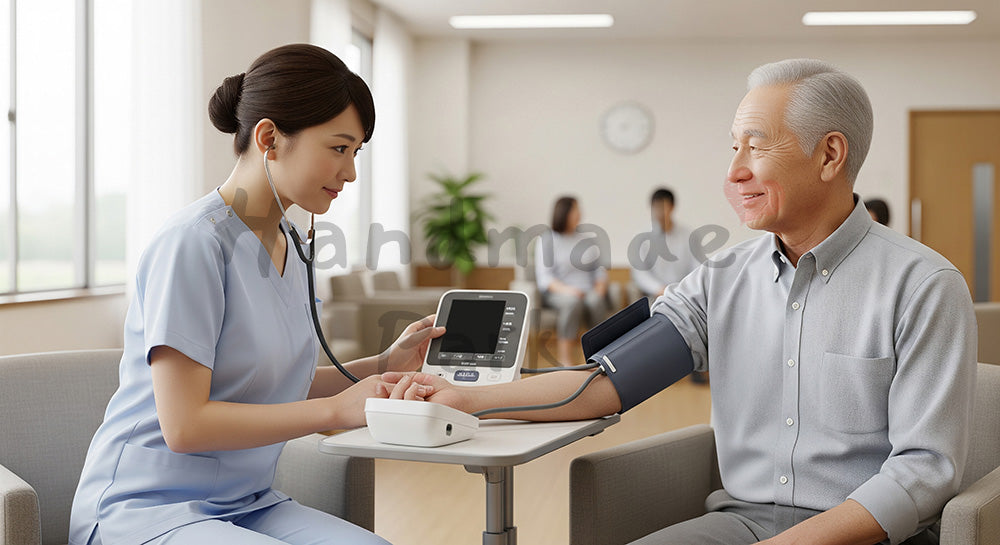 フリー素材 無料 写真｜待合室で高齢患者の血圧を測る日本人看護師 背景素材