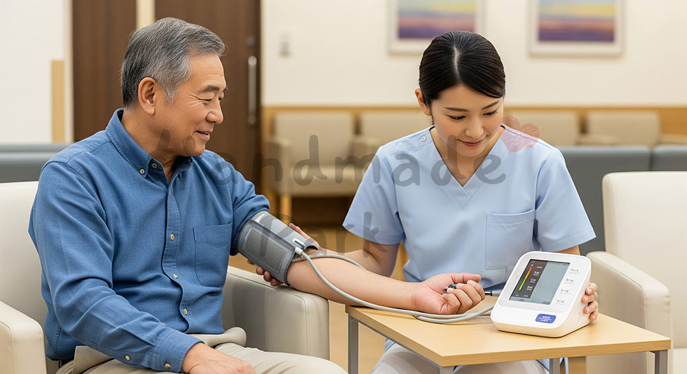 フリー素材 無料 写真｜待合室で高齢患者の血圧を測る日本人看護師