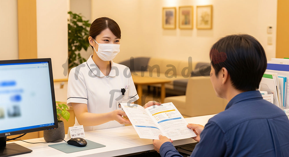 フリー素材 無料 写真｜内視鏡検査前にパンフレットで説明を行う日本人看護師と患者 背景素材