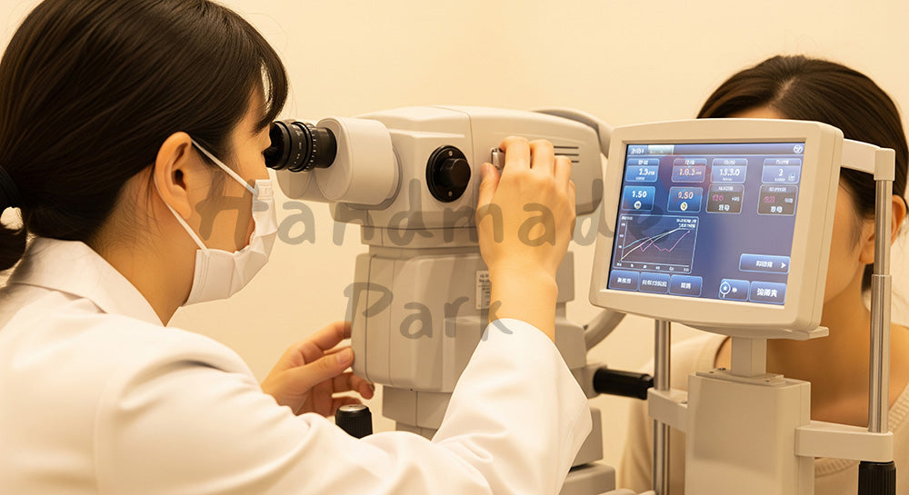 フリー素材 無料 写真｜オートレフラクトメーターで屈折検査を行う日本人視能訓練士と患者 余白あり