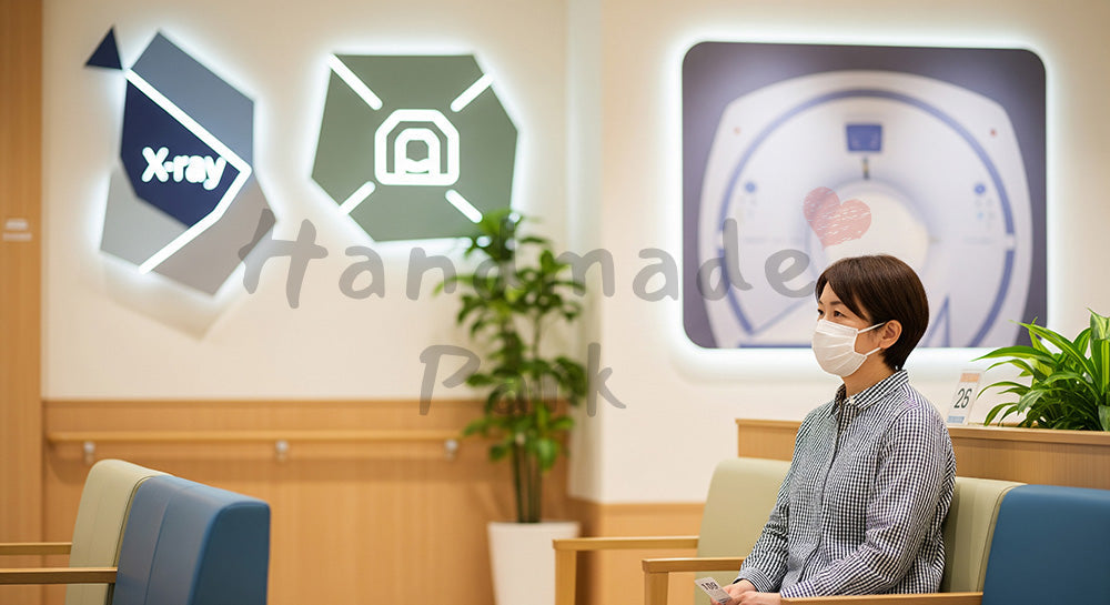 フリー素材 無料 写真｜放射線科の待合で検査番号票を持って座る日本人患者 写真背景