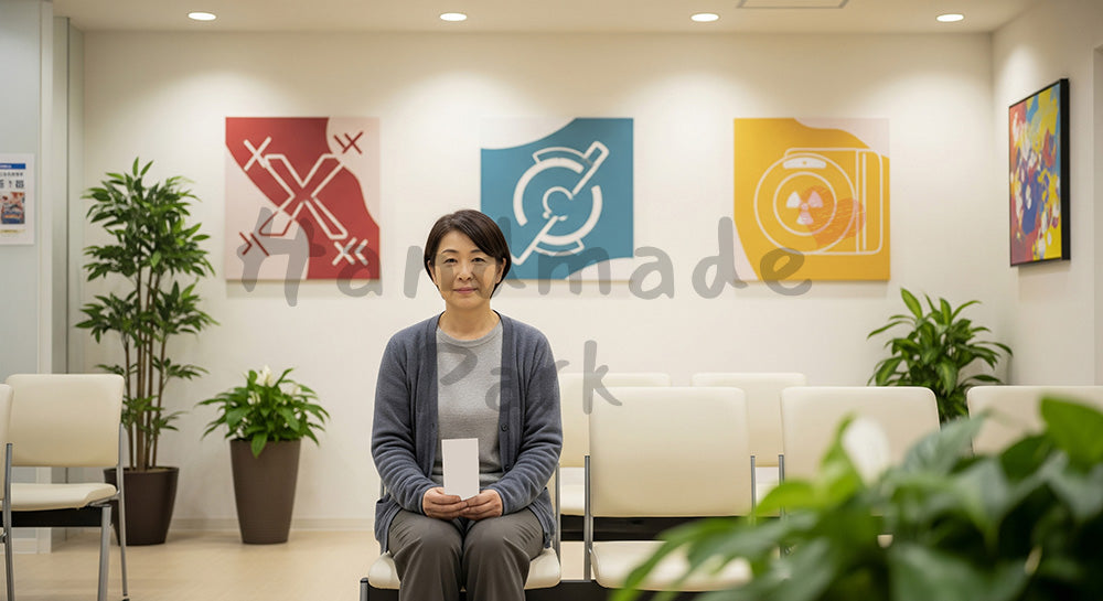 フリー素材 無料 写真｜放射線科の待合で検査番号票を持って座る日本人患者