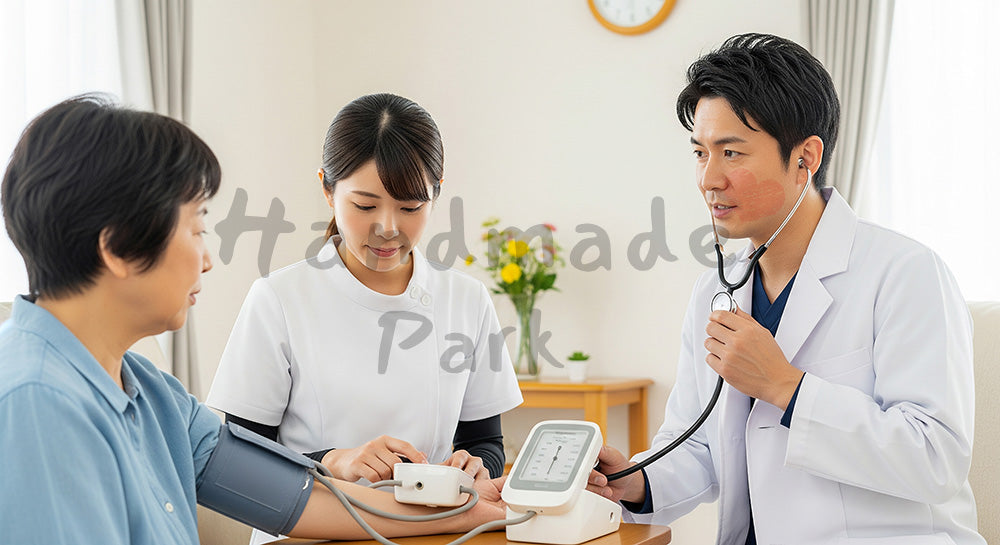 フリー素材 無料 写真｜患者宅のリビングで訪問診療を行う日本人ドクターと看護師 余白あり
