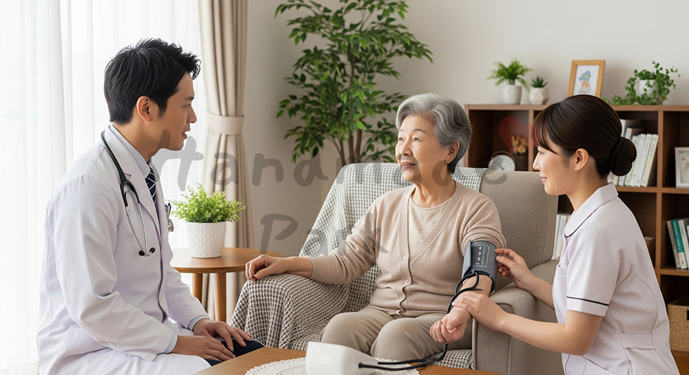 フリー素材 無料 写真｜患者宅のリビングで訪問診療を行う日本人ドクターと看護師