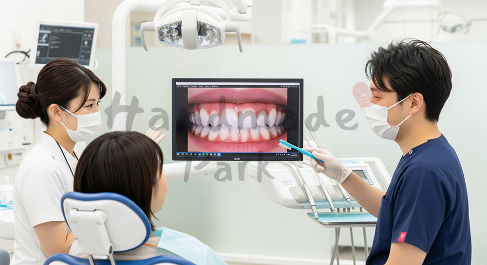 フリー素材 無料 写真｜歯科診療室で口腔内写真を使ってブラッシング指導を行う日本人歯科医師と衛生士 余白あり
