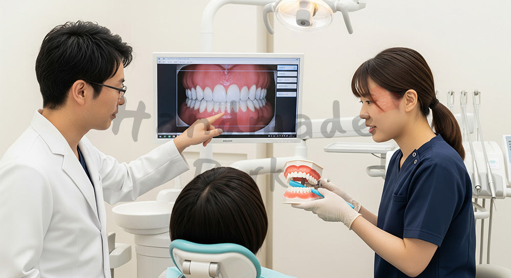 フリー素材 無料 写真｜歯科診療室で口腔内写真を使ってブラッシング指導を行う日本人歯科医師と衛生士 写真背景