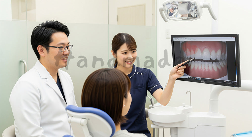 フリー素材 無料 写真｜歯科診療室で口腔内写真を使ってブラッシング指導を行う日本人歯科医師と衛生士 背景素材