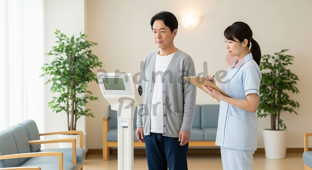フリー素材 無料 写真｜透析前後の体重測定を行う日本人患者と看護師 写真背景