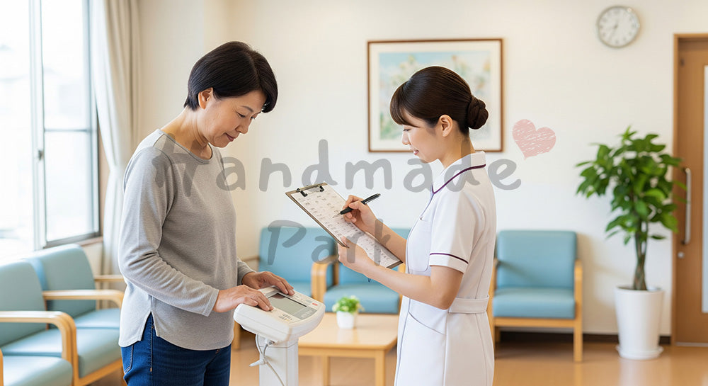 フリー素材 無料 写真｜透析前後の体重測定を行う日本人患者と看護師