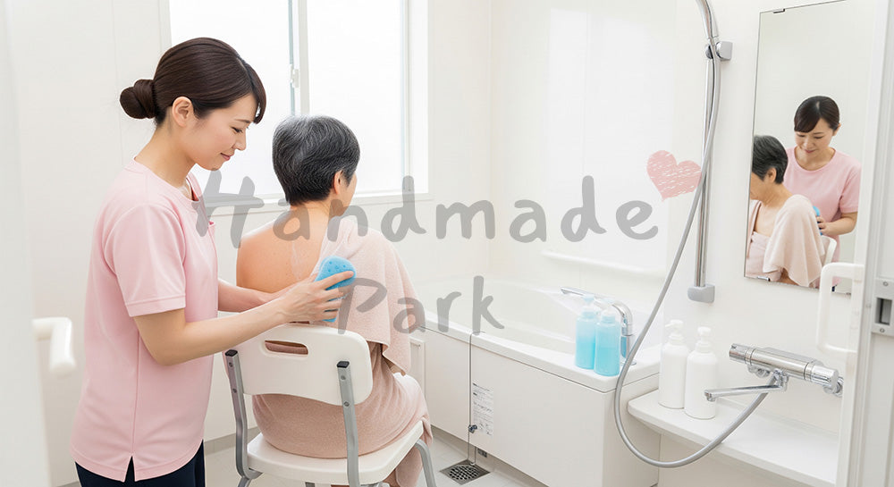 フリー素材 無料 写真｜シャワーチェアで高齢者の入浴介助を行う訪問介護ヘルパー 背景素材