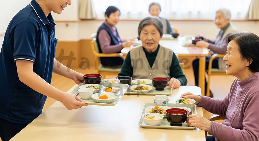 フリー素材 無料 写真｜デイサービス食堂で高齢者に食事を配膳する介護スタッフ 余白あり