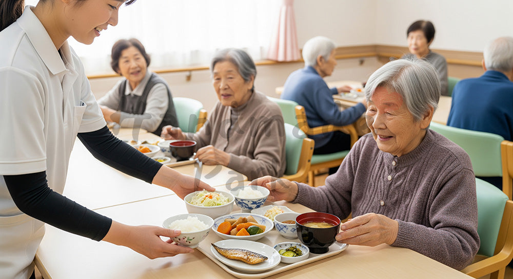 フリー素材 無料 写真｜デイサービス食堂で高齢者に食事を配膳する介護スタッフ 写真背景