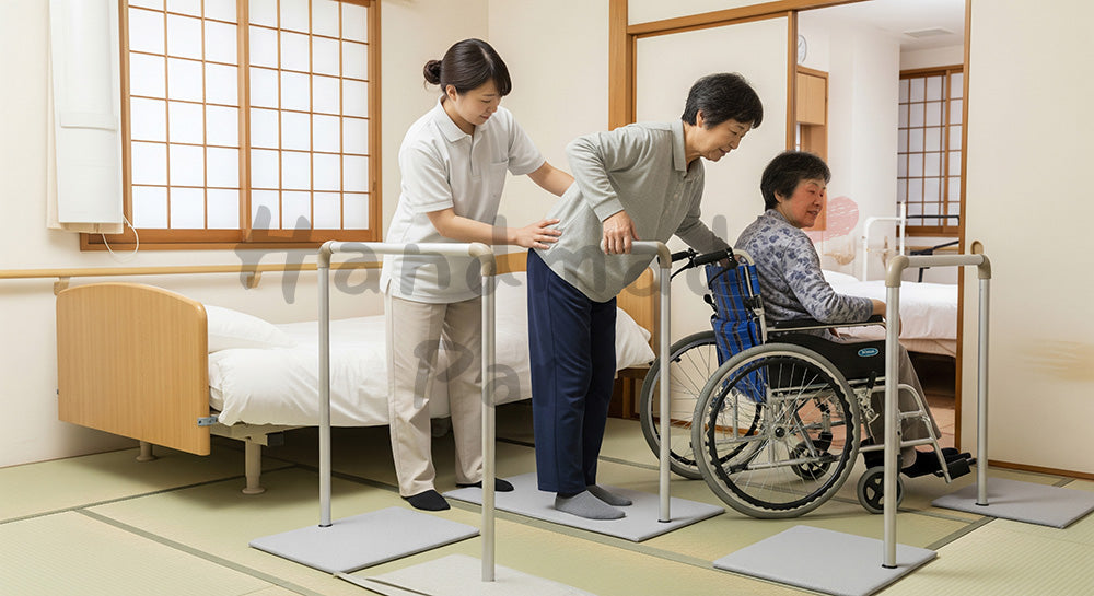 フリー素材 無料 写真｜ベッドから車いすへの移乗介助を行う介護スタッフと高齢者 余白あり