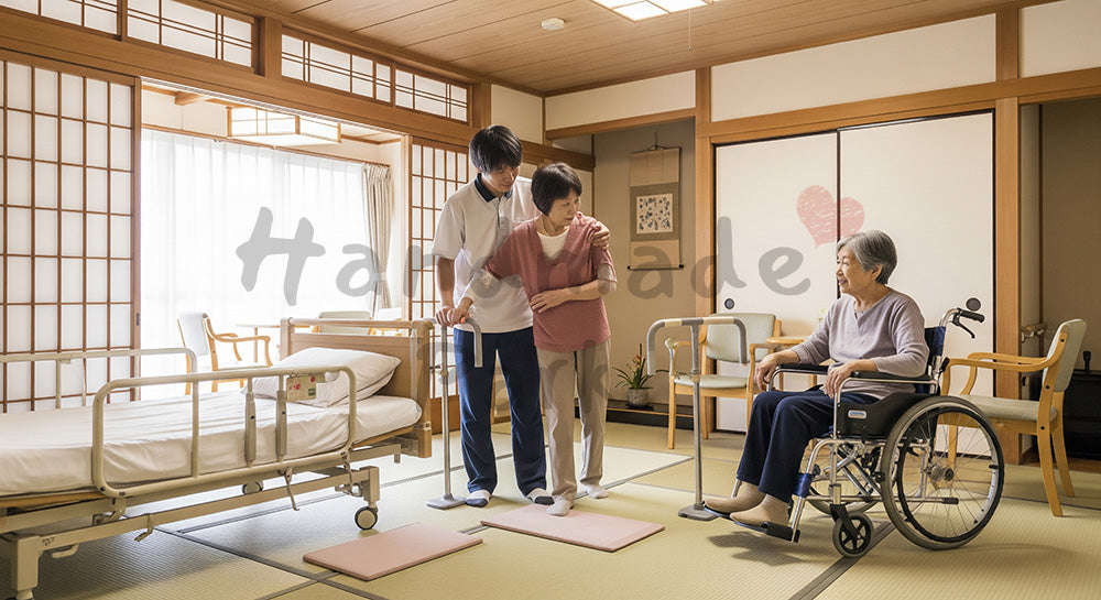 フリー素材 無料 写真｜ベッドから車いすへの移乗介助を行う介護スタッフと高齢者 写真背景