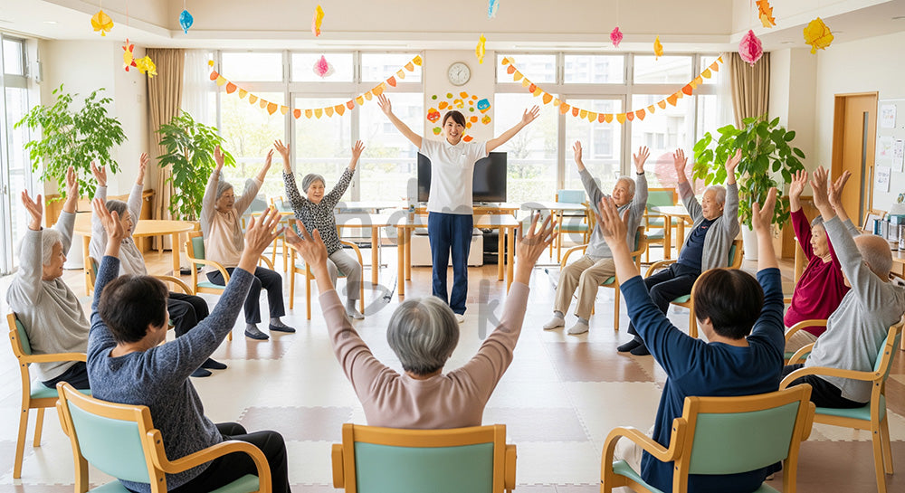 フリー素材 無料 写真｜椅子に座って体操をする外国人の高齢者と外国人のデイサービス介護スタッフ