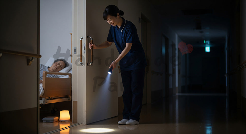 フリー素材 無料 写真｜夜間見回りで入居者を見守る日本人介護スタッフ 余白あり