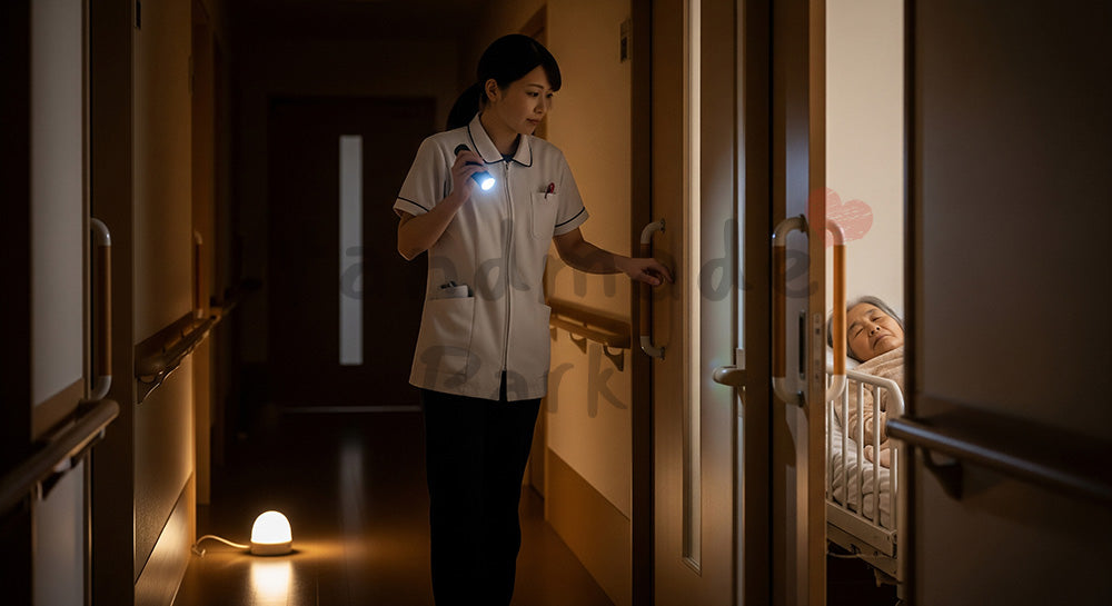 フリー素材 無料 写真｜夜間見回りで入居者を見守る日本人介護スタッフ 写真背景