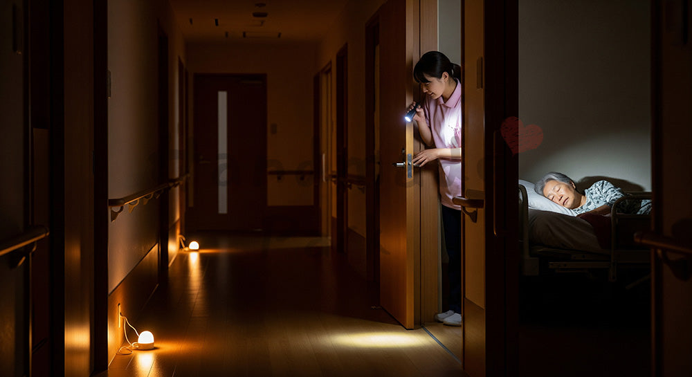 フリー素材 無料 写真｜夜間見回りで入居者を見守る日本人介護スタッフ