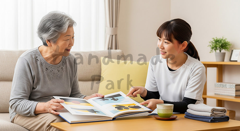 フリー素材 無料 写真｜写真アルバムを見ながら穏やかに会話する介護スタッフと高齢者 余白あり